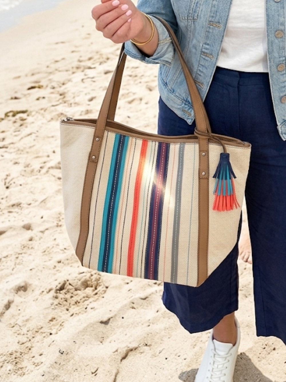 Relic Striped Canvas Tote Bag Multi-Color Tan tassels NWOT blue orange travel